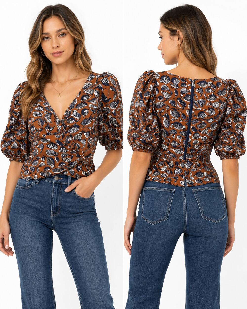 Anthropologie Evan Francis Bird Print Knot Top Rust Navy Puff Sleeve Blouse  6
